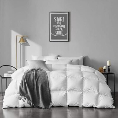 Full Size Feathers Down Comforter - Ultra Soft All Seasons 100% Organic Cotton Feathers Down Duvet Insert Medium Warm Quilted Bed Comforter with Corner Tabs (82x86,Ivory White)