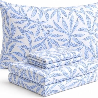 Blue Floral Print 4-Piece Set; Soft, Breathable, Deep-Pocket Design, Comfortable, And Lightweight