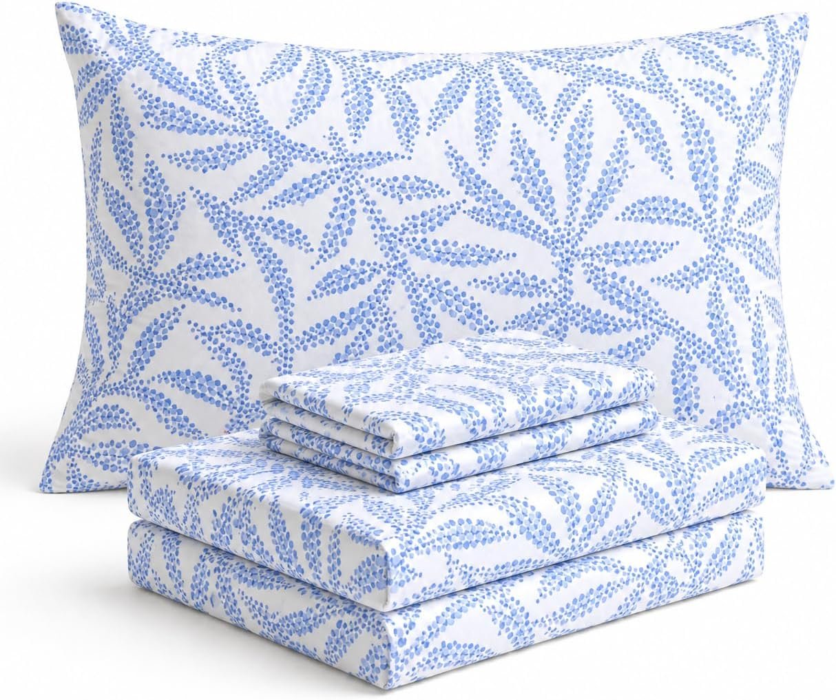 Blue Floral Print 4-Piece Set; Soft, Breathable, Deep-Pocket Design, Comfortable, And Lightweight
