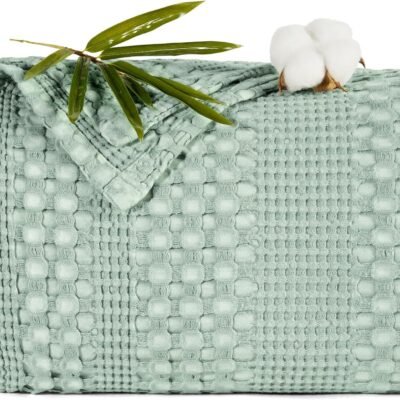 Stone-Washed Cooling Waffle Blanket - King Size, Lightweight Breathable Summer Blanket, 60% Rayon from Bamboo & 40% Cotton, Luxuriously Soft for Bed & Couch, 104"x90", Sage Green