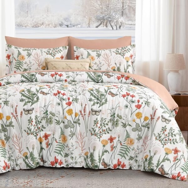 Pink And Green Botanical Floral Print 4-Piece Set; Soft, Comfortable, Breathable, And Lightweight