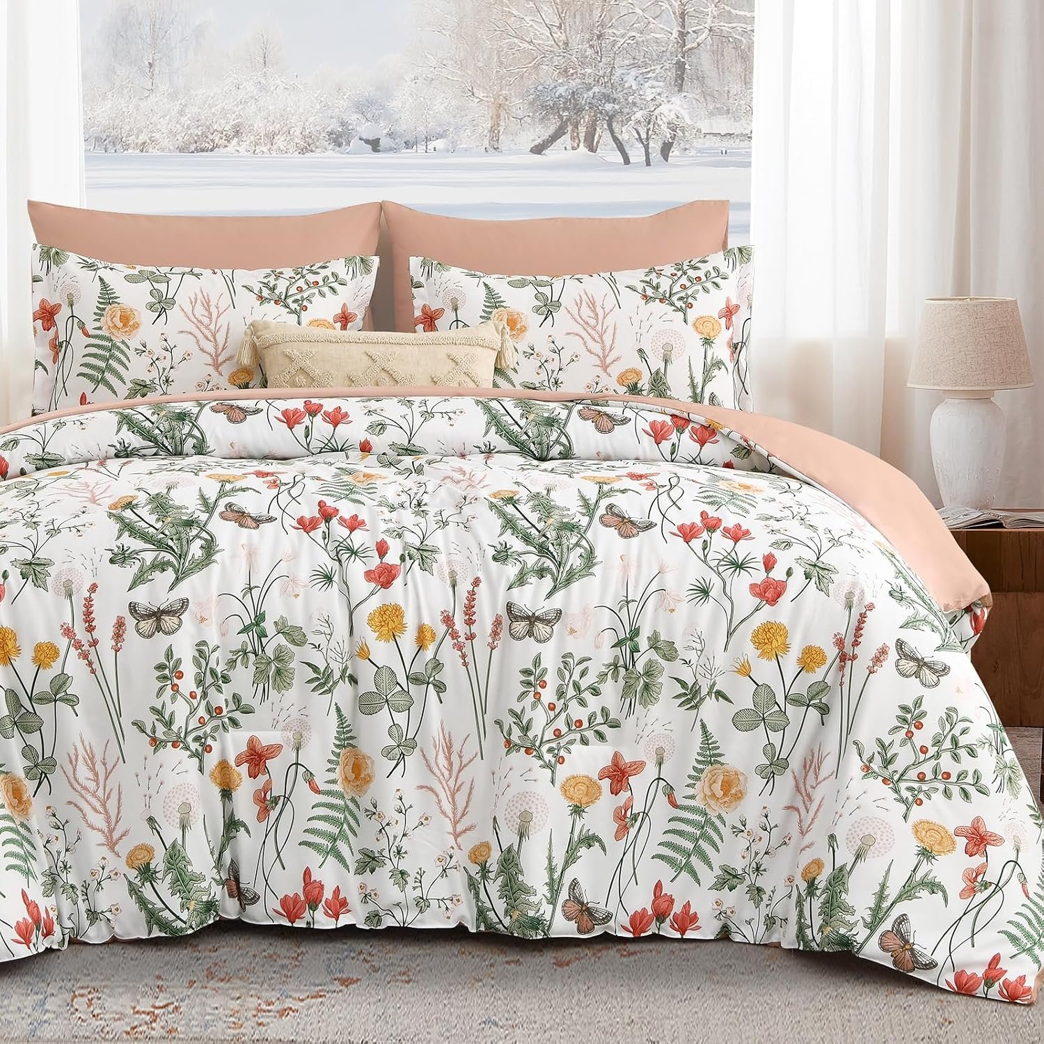 Pink And Green Botanical Floral Print 4-Piece Set; Soft, Comfortable, Breathable, And Lightweight