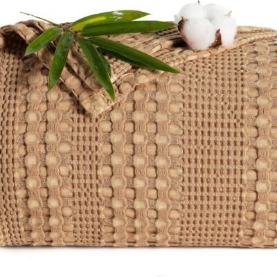 Stone-Washed Cooling Waffle Blanket King Size - Lightweight Breathable Summer Blanket, 60% Rayon Derived from Bamboo & 40% Cotton, Luxuriously Soft for Bed Couch, 104"x90", Camel