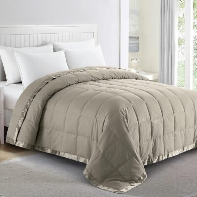 Blankets Queen Size - Soft Lightweight Down Blanket for All Seasons, Cozy Warm Luxury Bed Blanket with Satin Trim, Cotton Cover, Khaki (90"X90")