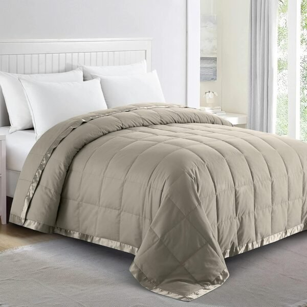 Blankets Queen Size - Soft Lightweight Down Blanket for All Seasons, Cozy Warm Luxury Bed Blanket with Satin Trim, Cotton Cover, Khaki (90"X90")