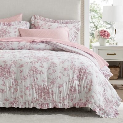 Pink Floral Print 4-Piece Set With Ruffles; Soft, Reversible Design