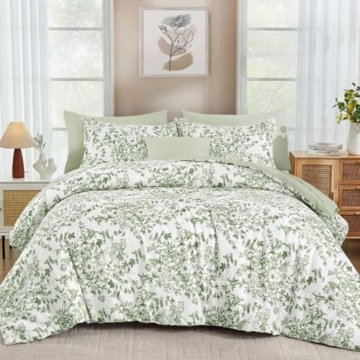 Sage Green Floral Print 4-Piece Set; Soft, Breathable, And Comfortable