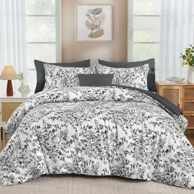 Black And Grey Botanical Floral Print 4-Piece Set; Soft, Fluffy, Comfortable, And Breathable