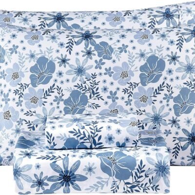 Blue And White Floral Print 4-Piece Set; Soft, Breathable, Deep-Pocket Design, Comfortable, And Lightweight