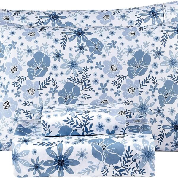 Blue And White Floral Print 4-Piece Set; Soft, Breathable, Deep-Pocket Design, Comfortable, And Lightweight