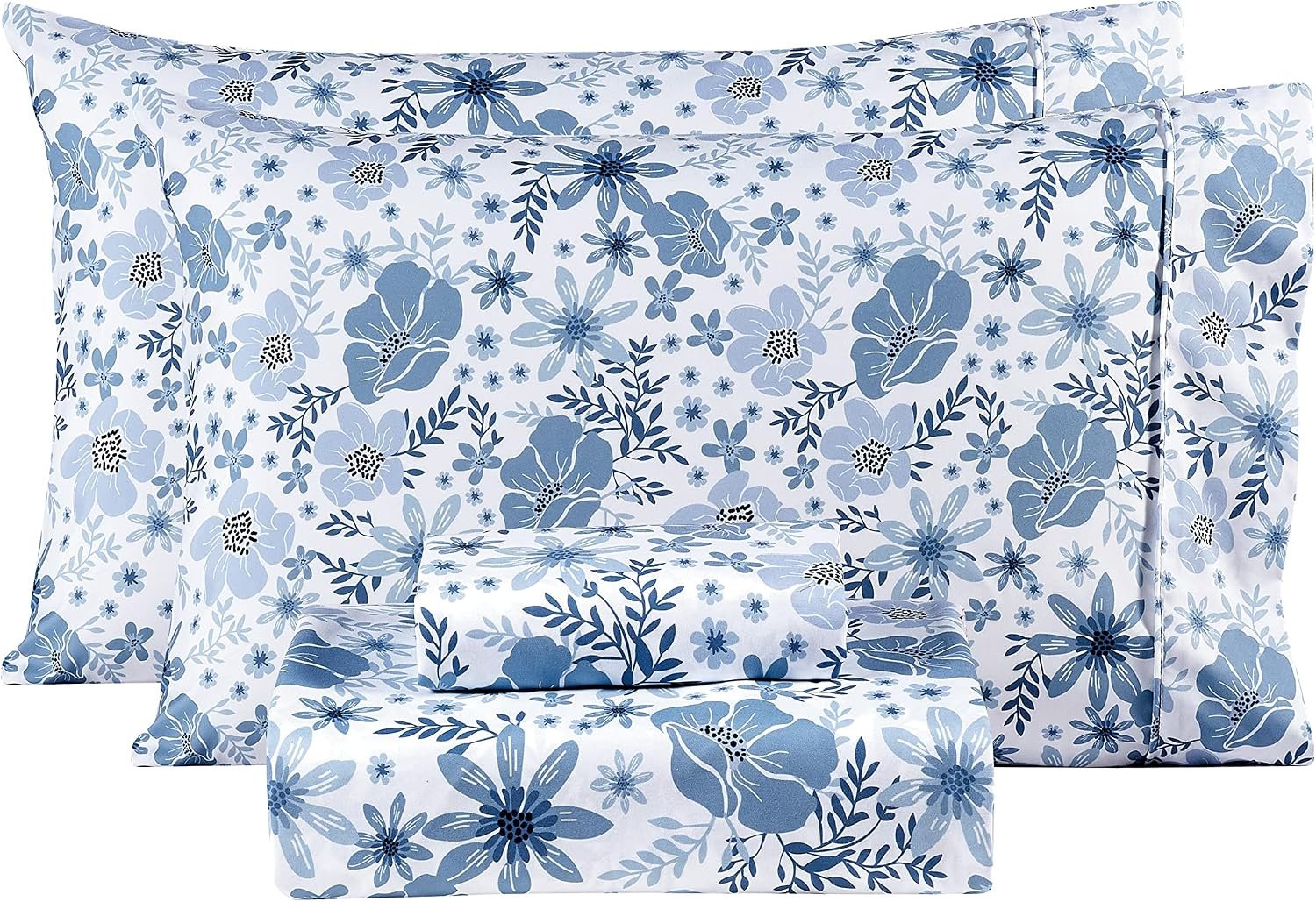 Blue And White Floral Print 4-Piece Set; Soft, Breathable, Deep-Pocket Design, Comfortable, And Lightweight