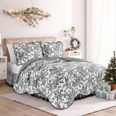 Black Floral Quilted Print 4-Piece Set; Lightweight, Soft, Comfortable, And Breathable