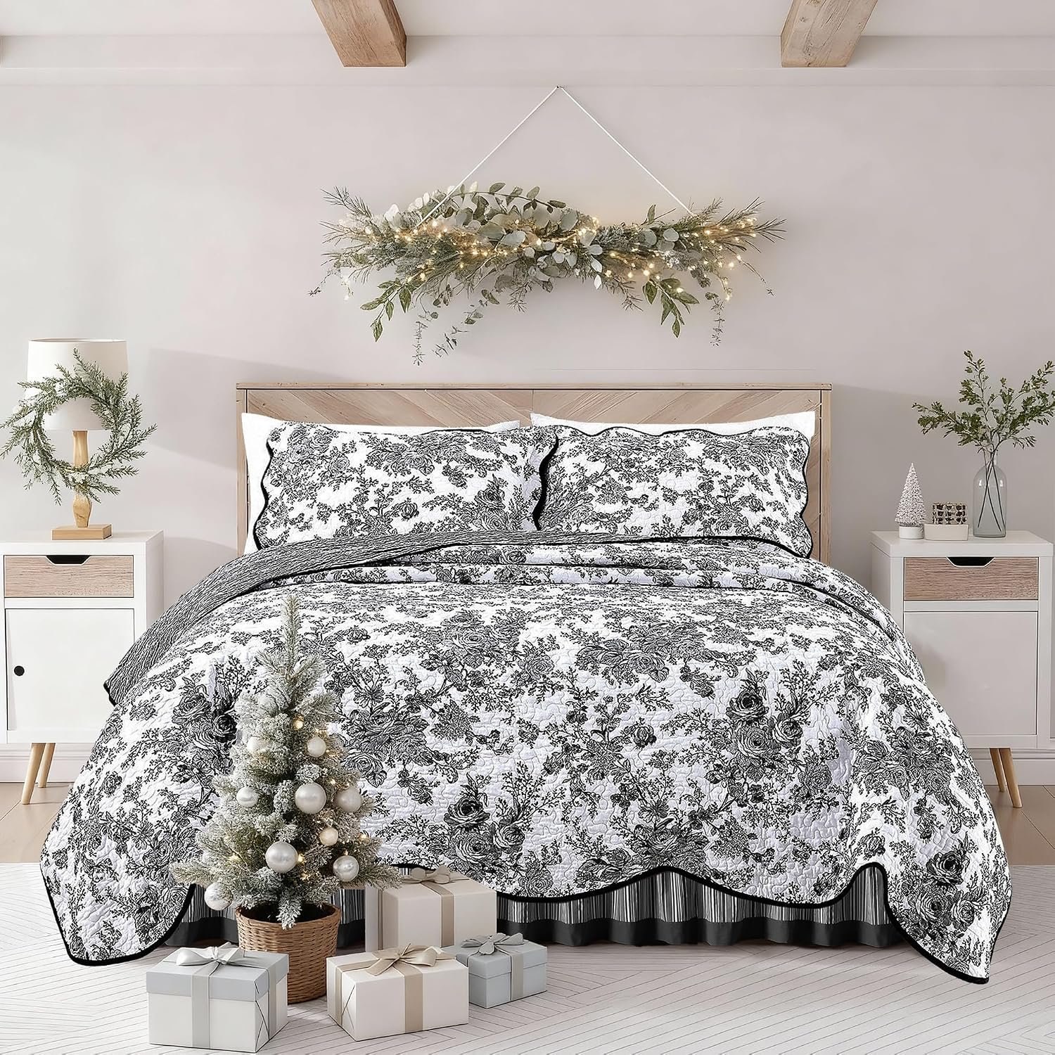 Black Floral Quilted Print 4-Piece Set; Lightweight, Soft, Comfortable, And Breathable - Image 2