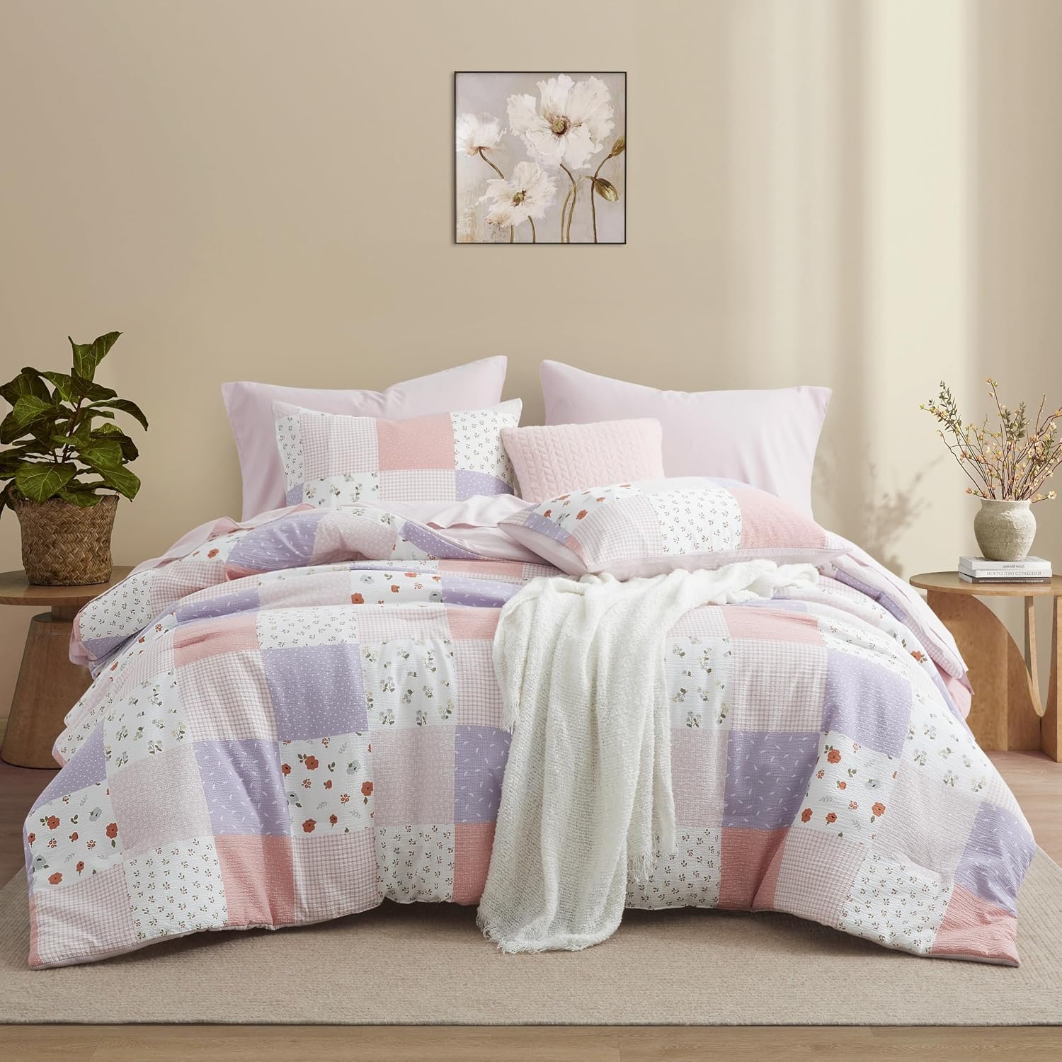 Misty Pink Seersucker Floral Print 4-Piece Set; Soft, Comfortable, And Breathable