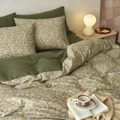Olive Green Cottagecore Floral Print 4-Piece Set; Lightweight, Soft, And Comfortable